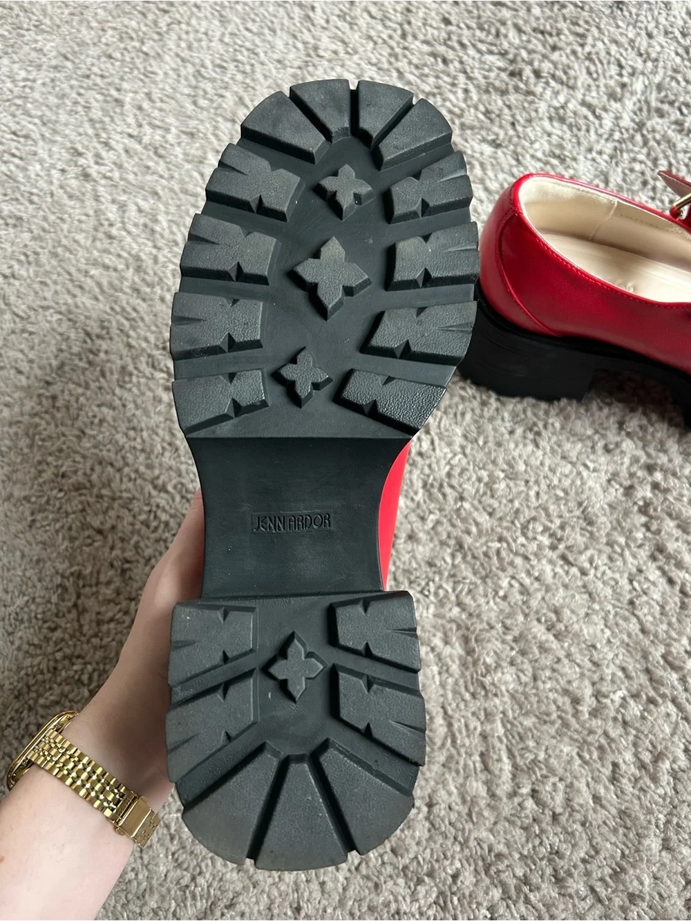 Jenn Ardor Red Mary Jane Platform Heels with Black Lug Sole